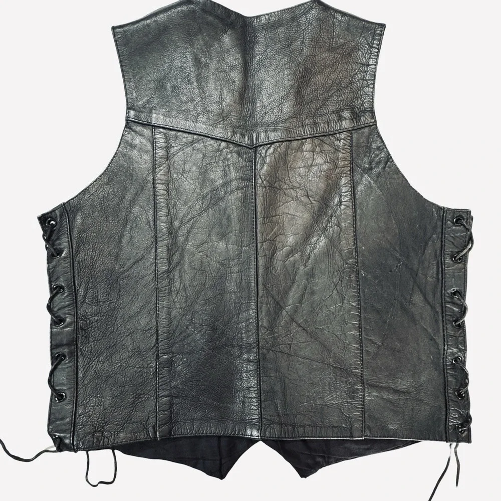 UNIK Leather Motorcycle Vest Men Sz 42 Snaps Lace-Up Sides Pockets Biker‎